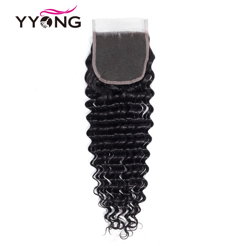 Yyong Brazilian Deep Wave Lace Closure 4x4 Swiss Lace Free Middle Three Part Remy Human Hair Natural Color 8-20 inches