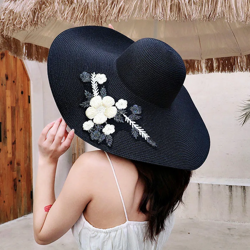 ADUGI Sun Hat Summer Anti-burrow Increase Along the Beach Hat Outdoor Lady Style Three-dimensional Flower Shade Straw H