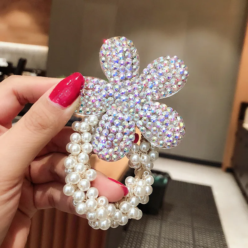 Full Rhinestone Flower Elastic Hair Bands Shiny Cute Pearl Beaded Bracelet Crystal Petal Rubber Bands Hair Accessories Wholesale