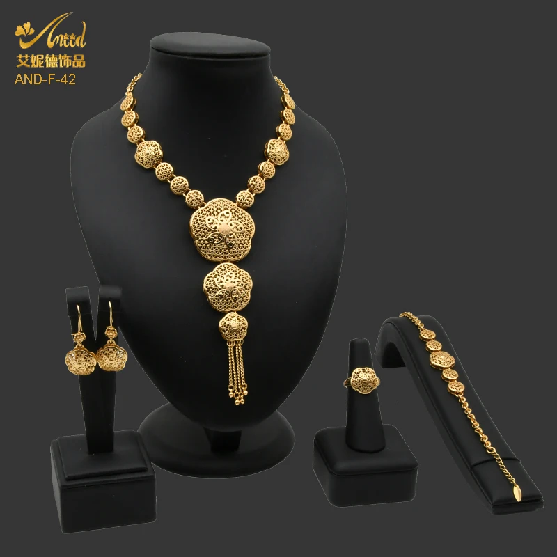 Nigerian Jewelry Sets For Women Bridal Long Necklace Earrings Bracelet Ring Set 24k Gold Plated Big African Jewellery