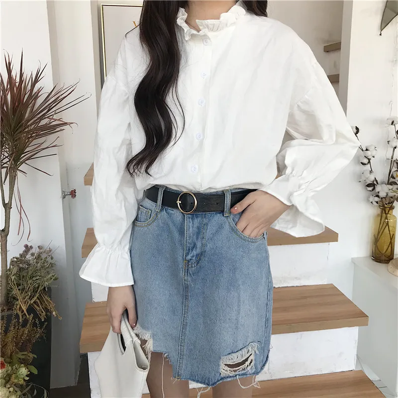 Shirts Women Ruffle Flare Long Sleeve Solid Simple Students Slim Womens Korean Style Harajuku Elegant Shirt Blouses Casual Chic