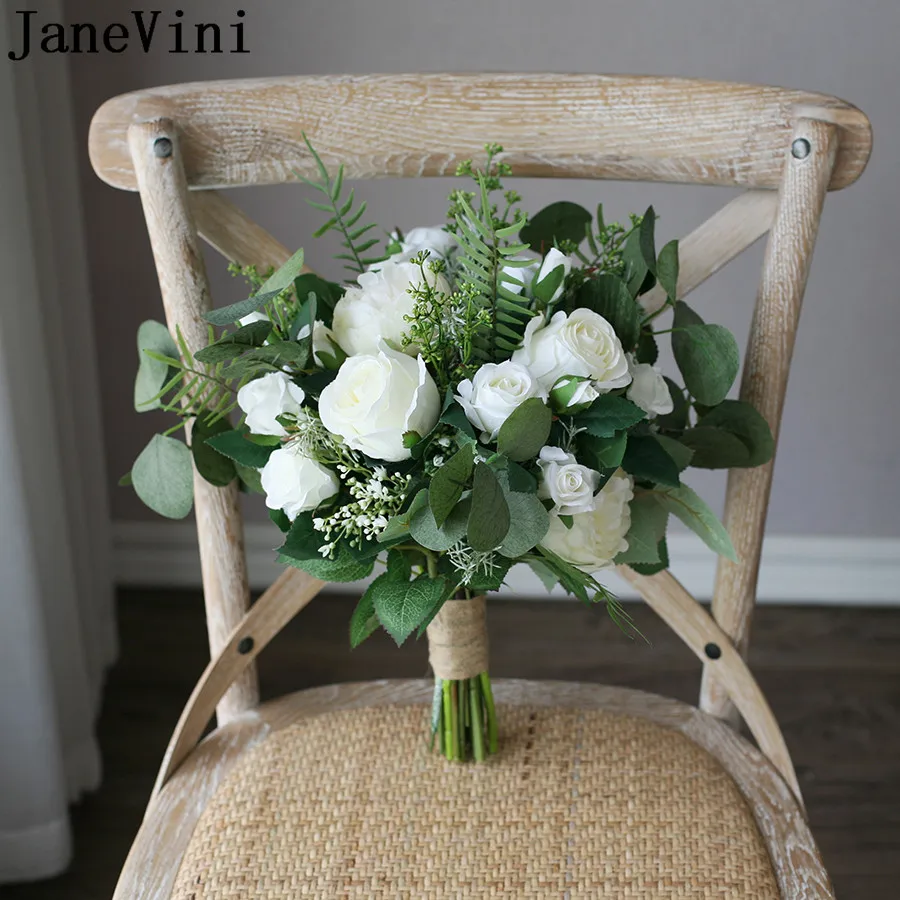 JaneVini Ins Nordicสไตล์งานแต่งงานเจ้าสาวดอกไม้สีขาวประดิษฐ์RoseสีเขียวEucalyptusผ้าไหมเจ้าสาวBouquet De Mariage Champêtre