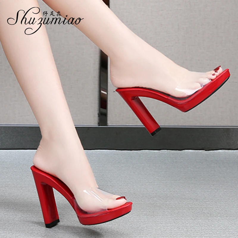 Shuzumiao Women Shoes Slippers 2020 New Summer Fashion Rhinestones Square Heel Waterproof Platform High Heels 11cm Catwalk Shoes