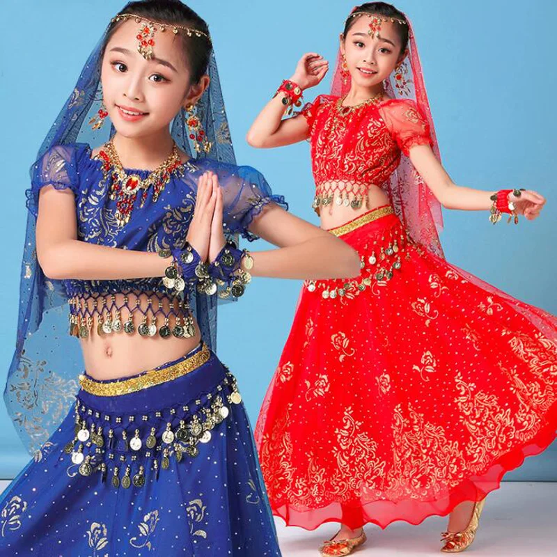 Kinder Indischen Bauchtanz Kostüm Set Sari Sexy Bollywood Kinder Outfit Bauchtanz Leistung Kleidung Sets für Mädchen 4 teile/satz