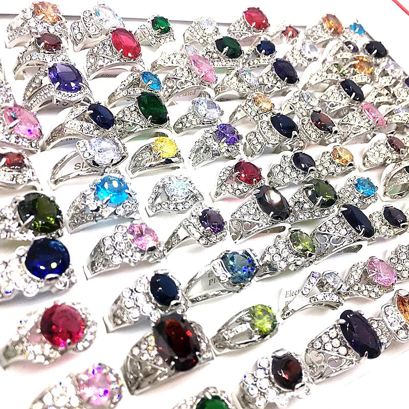 MixMax 50PCs Women\'s Rings Shining Zircon Stone Rhinestone Fashion Jewelry Wholesale Lot Party Gifts Mix Styles