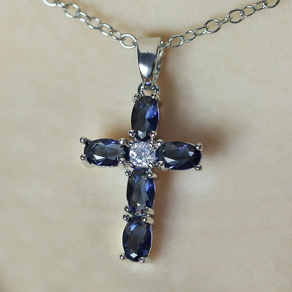 Huitan  Cross Shaped Pendant Necklace Birthday Gift High Quality Ladies Jewelry Prong Setting  Blue CZ Fashion Accessary