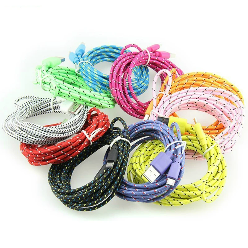 

100pcs/Lot 1m/3ft 2M/6ft 3m/10ft Durable Braided Wire Micro 5pin V8 Cable USB Data Sync Fabric Woven Charger Cable High Quality