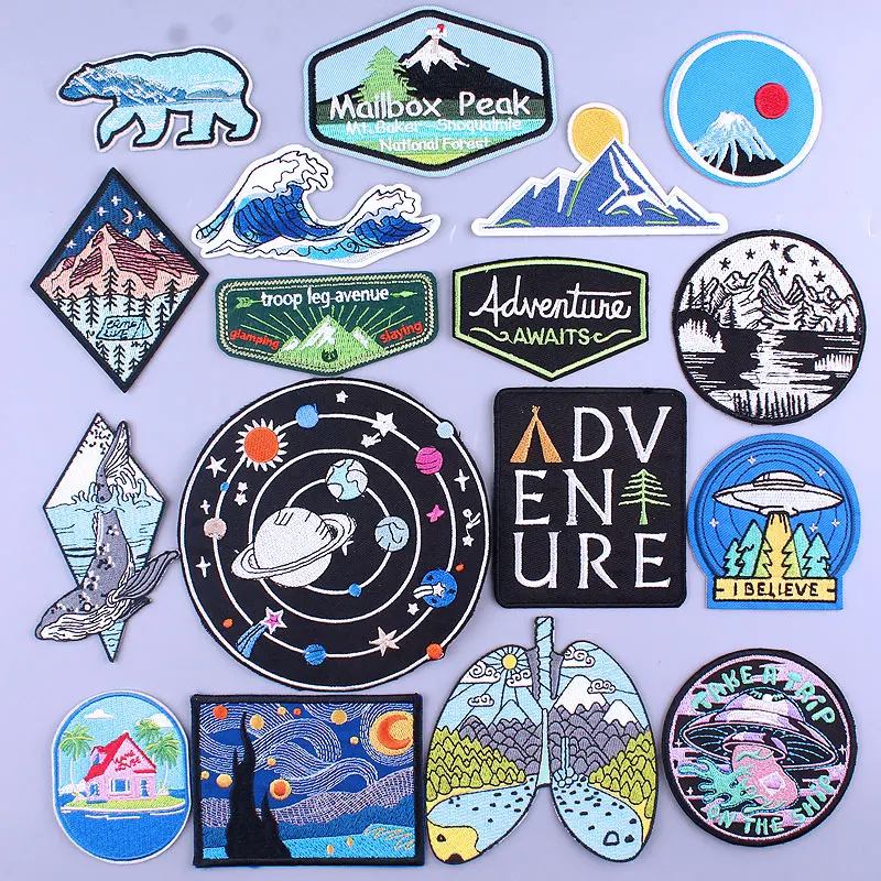 Embroidered Patch Adventure Travel Patch Iron On Patches For Clothing Mountains Space Nature Embroidery Patches Sticker Stripe