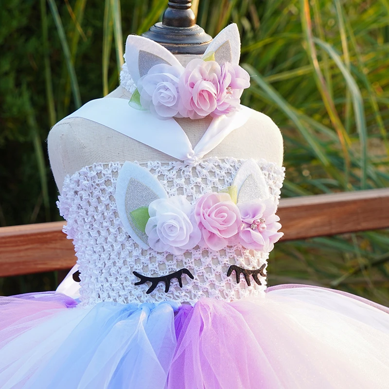 Girls Pastel Unicorn Flower Tutu Dress Baby Crochet Fluffy Tulle Tutus with Headband Kids Birthday Party Costume Cosplay Dresses