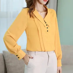 Chemise en mousseline de soie pour femmes, nouvelle mode coréenne, haut de travail, chemisiers de loisirs, revers, manches longues, Slim, printemps été 2020