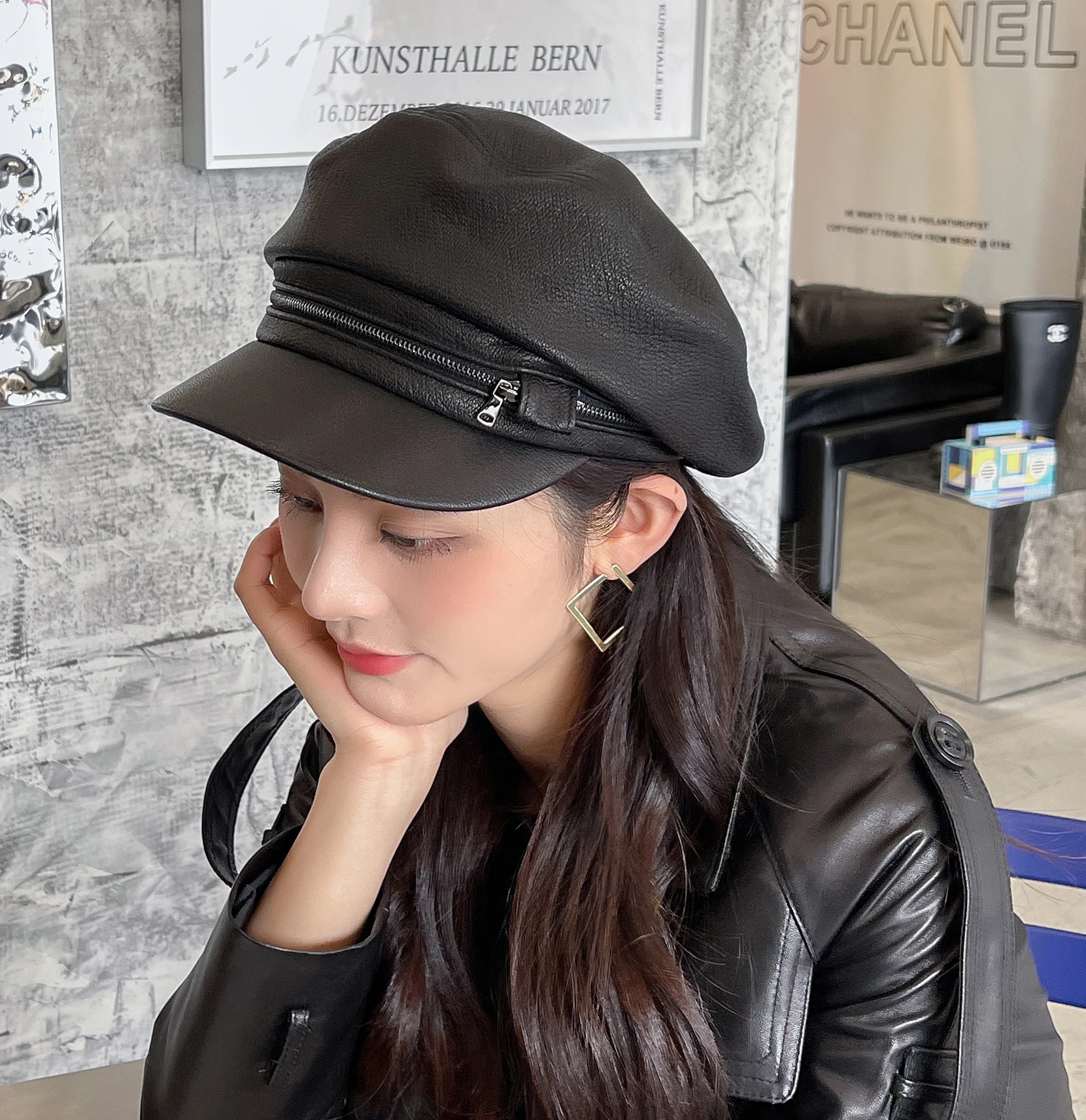 Winter Women Genuine Leather Black Painter Hats Men Big Brim Octagonal Baseball Caps Female Watermelon Caps Leisure Casquette