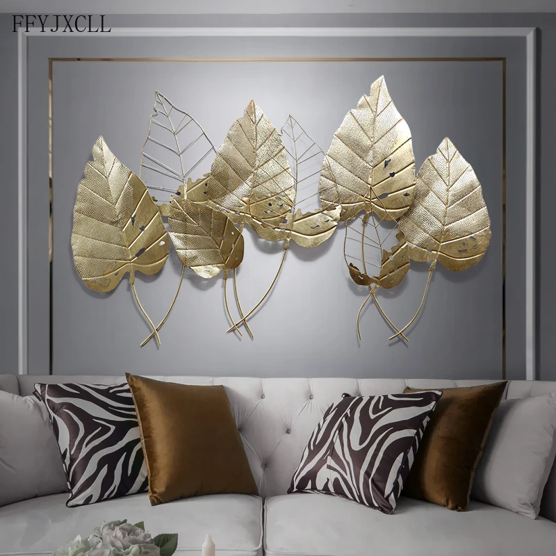 

Light luxury golden leaf wall decoration wrought iron 3D three-dimensional living room background pendant home decoration