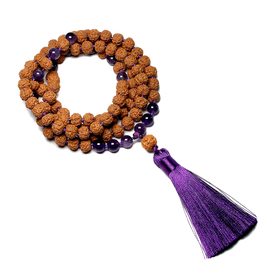 Natural Rudraksha 108 Japamala Necklaces Sets Knotted Amethyst Yoga Meditation Mala Necklace For Women Buddha With Tassel Zen