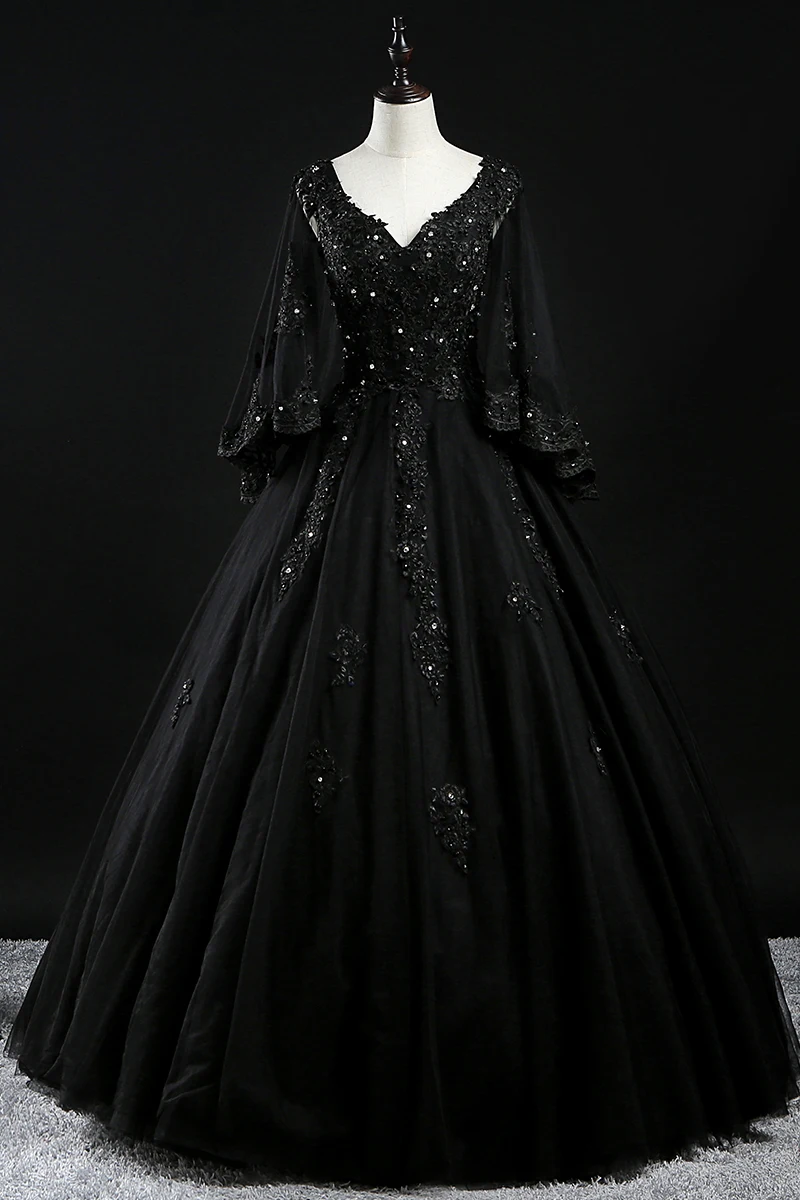 2023 Nieuwe Collectie Black Quinceanera Jurken Volledige Mouw V-hals Kralen Plus Size Baljurk Prom Party Jurken Vestido 15 Anos