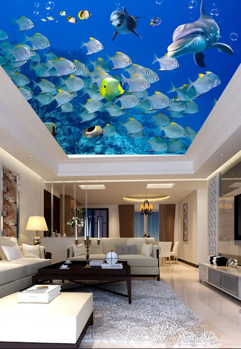 Happy Ocean Fish Dolphin 3D Ceiling Mural 3D Photo Wallpaper For Living Room Ceiling Decoration Mural Wallpaper