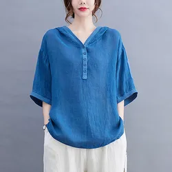 Women Summer Cotton Linen Hooded T-shirts New Arrival 2021 Simple Style Solid Color Loose Female Casual Tops Tees B391