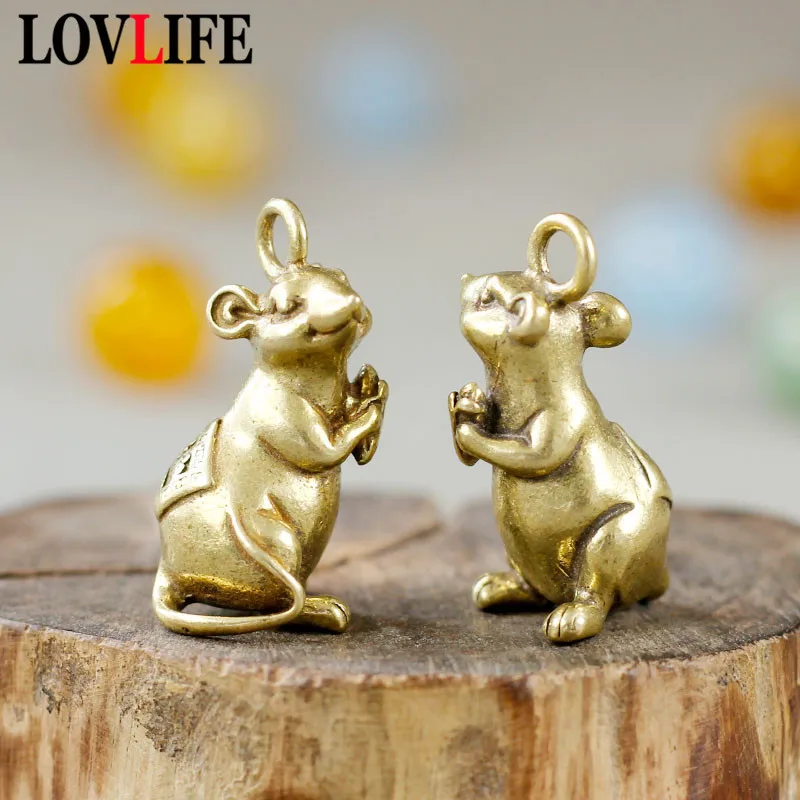 Copper Rat Keychains Pendants Vintage Brass Zodiac Animal Mouse Key Rings Charms Creative Men Lucky Key Holders Bag Hanging