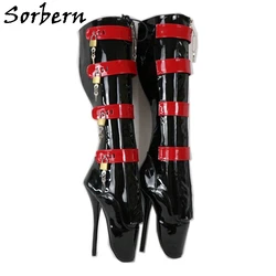 Sorbern Con Serratura Chiavi Stivali di Balletto Delle Donne di Nero E Rosso Tacchi A Spillo Fetish Tacco Alto 18 Centimetri di Pizzo Up Trascinare Queen Scarpe colori personalizzati