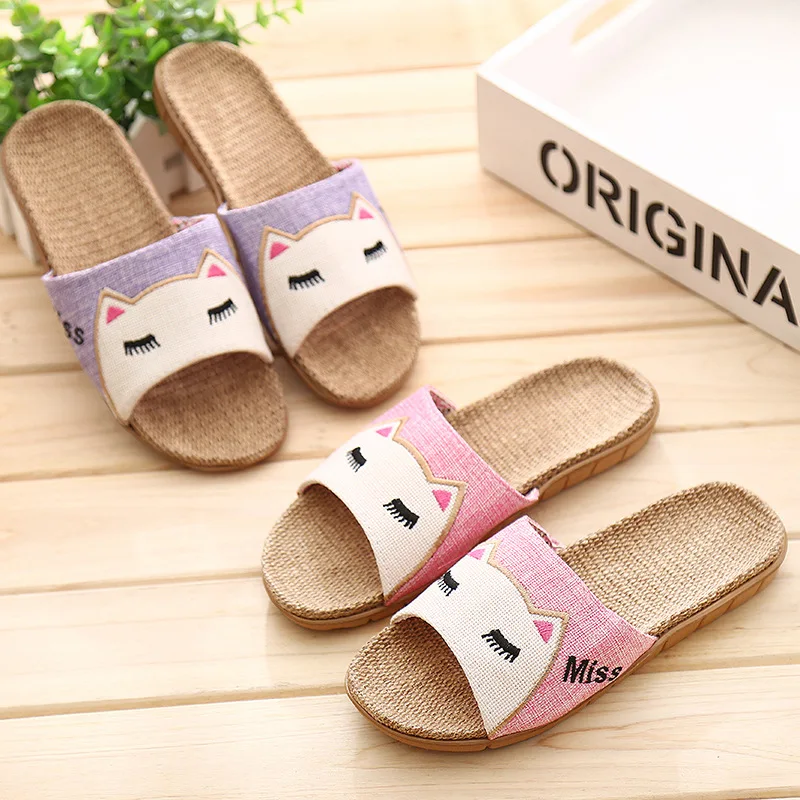 Slippers Women Fashion Bohemia Cartoon Cat Flax Linen Flip Flops Beach Shoes Sandals Casual Woman Non-slip Flats Female Slippers