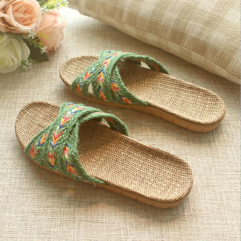 البوهيمي ريترو ستايل الكتان الشرائح الصيف بارد شبشب منزل النساء الصنادل المنزلية