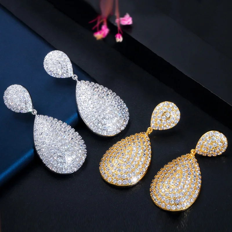 Pera nigeriano totalmente brillante Color oro amarillo gran gota de agua CZ pendientes colgantes de circón para boda joyería clásica para las orejas de las mujeres E485