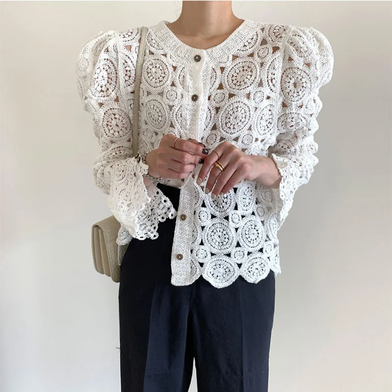 Hollow Out Hook Flower Knitted Cardigan Elegant V-neck Casual Women\'s Sweater Chic Button Split Puff Sleeve Femme Jacket