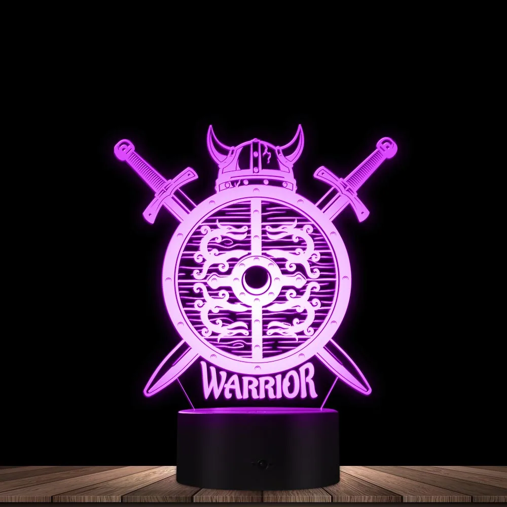 Warrior 3D Illusion Night Light, Escudo de espada, casco y armadura, protector de campo, lámpara LED brillante hecha a mano, decoración de escritorio