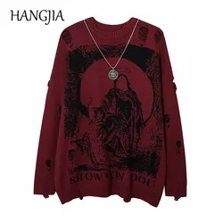 Harajuku Priest Salvation Printed Knitwears Women Streetwear Hip Hop Destroyed Hole Ripped Pullovers Jumper Oversized Men