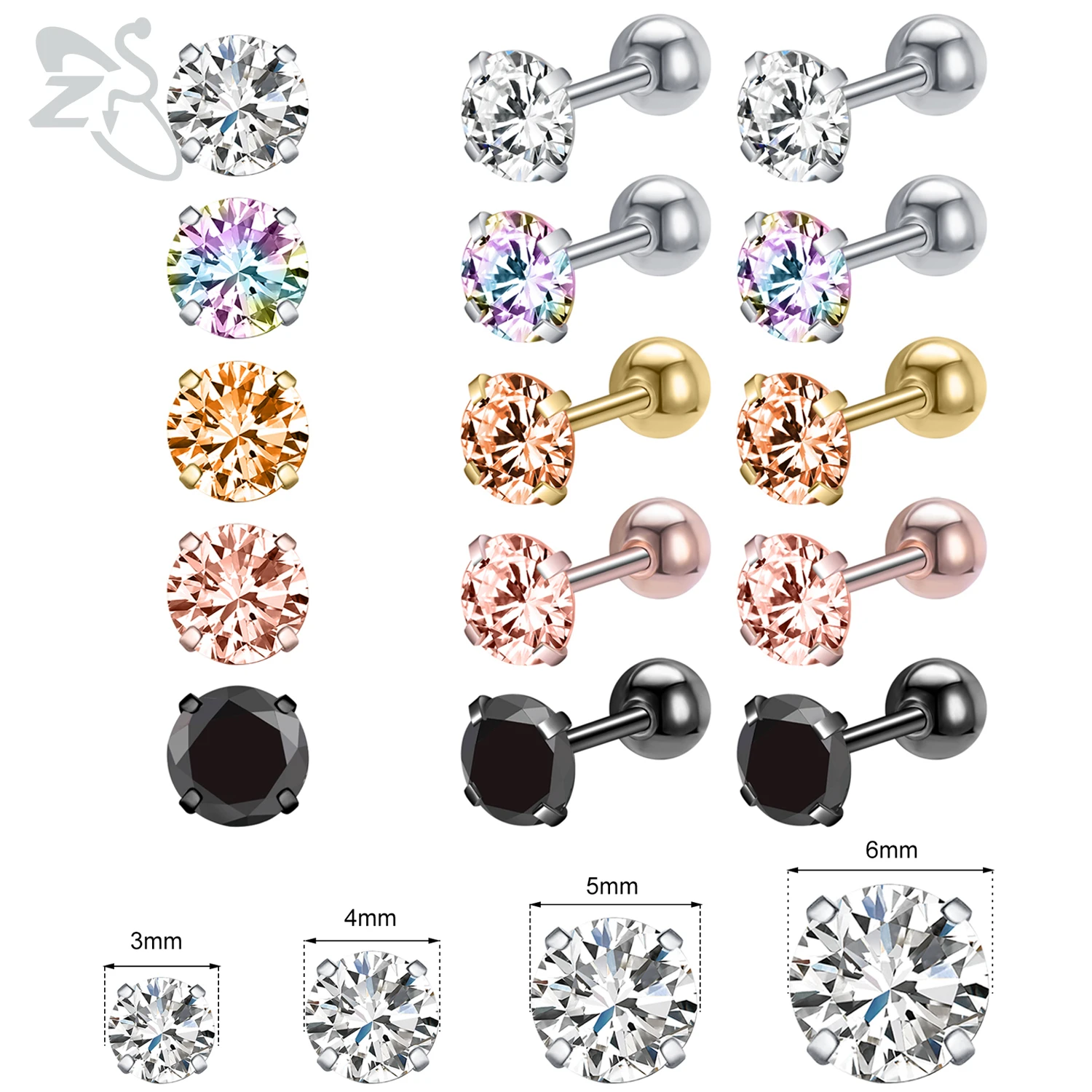 ZS 5 Pairs/lot Colored Round CZ Crystal Stud Earring Set 20g Black Gold Color Stainless Steel Helix Cartilage Piercing 3/4/5/6MM