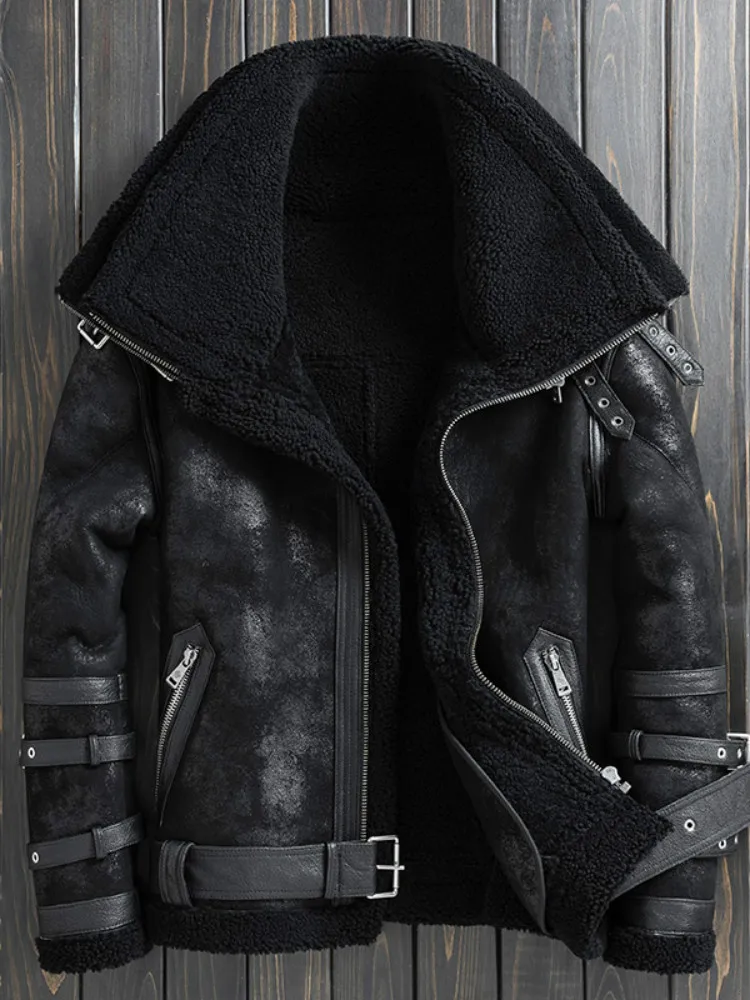 Double-Layer Collar Lamb Shearling Mens Motorcycle Genuine Leather Clothes Male B3 Flight Suit Jacket Coat Size M - 4XL