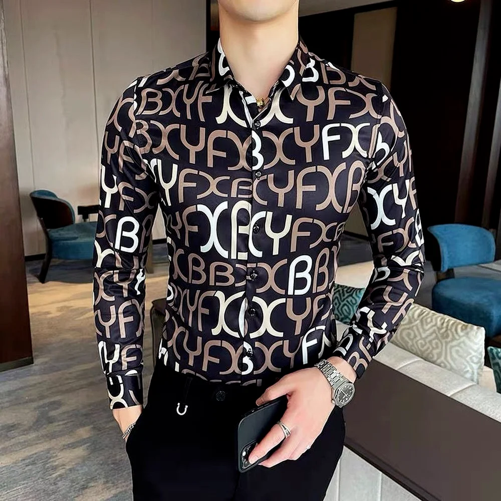 

Men's Lapel Button Long-sleeved Shirts,Silky Slim Casual Shirts,Korean Men's Long-sleeved Printed Shirts Fashion Clothing Trends