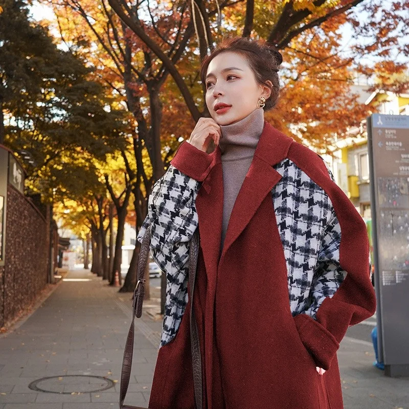 Medium-Long Women Red Overcoat Winter Thick Loose Plaid Spliced Wool Blend Coat Lapel Elegant Office Lady Sashes Outerwear