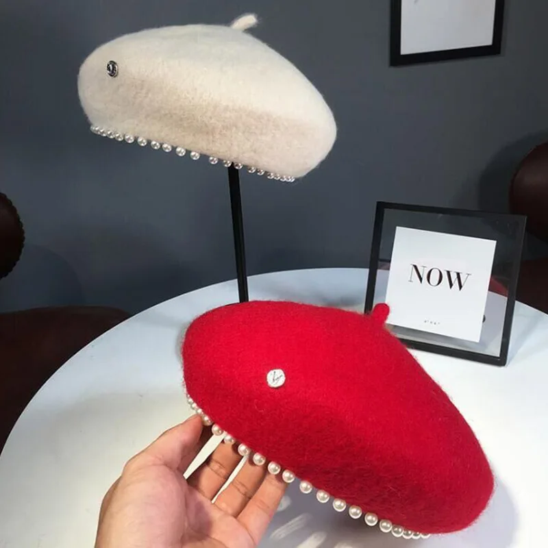 2022 Women\'s Cap Wool Berets Hat Elegant pearl Letter Vintage  Female Warm beret Hats Girls Flat cap beret for women