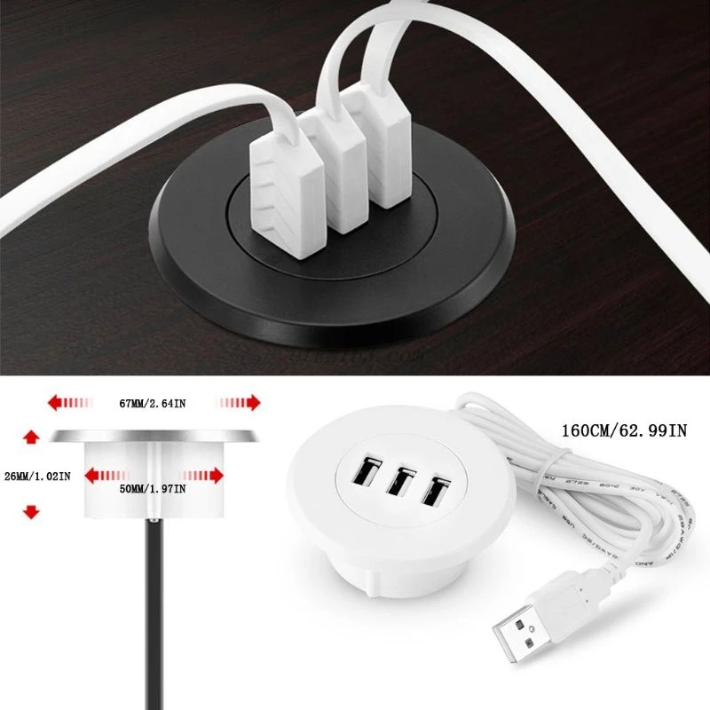 5cm Grommet Hole In-Desk Mounting 3 Ports USB 2.0 Hub For Laptop PC Computer Date Transmission Charging