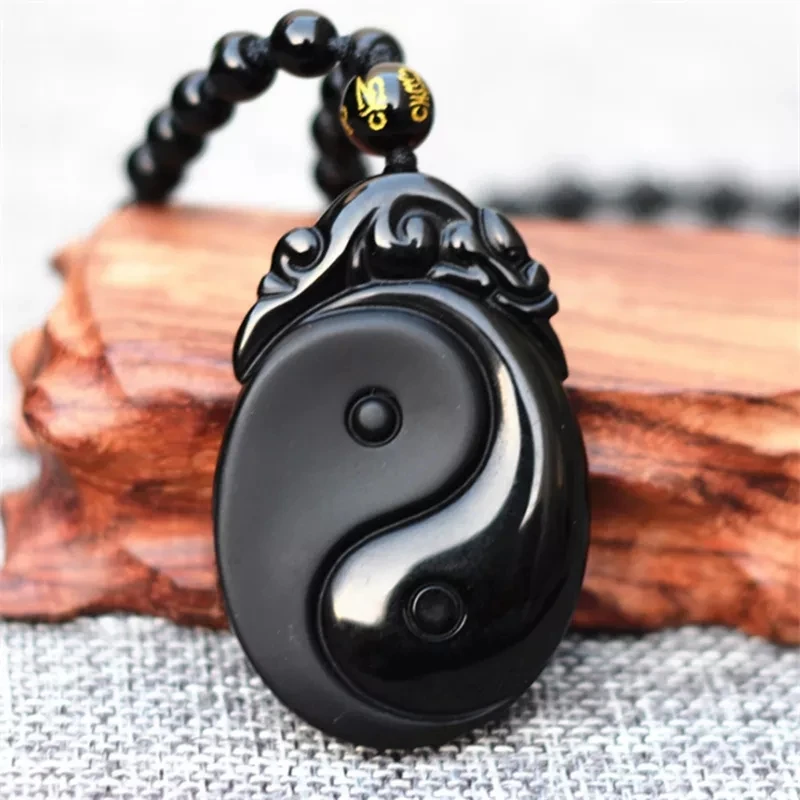 

Natural Black Obsidian Carved Yin and Yang Bagua Necklace Pendant Fishes Pendant Necklace Jewelry