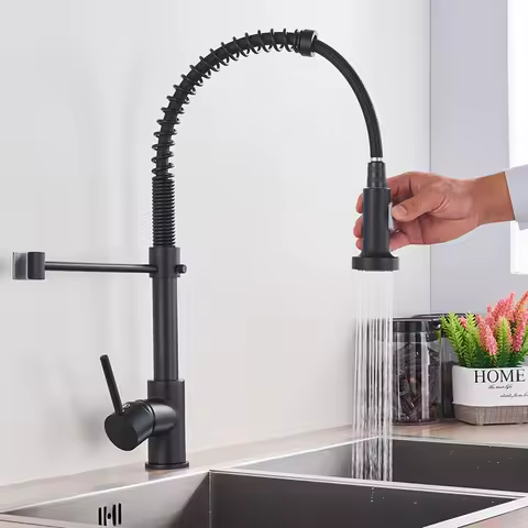 Nekjcag Matte Black Kitchen Sink Faucet 360 Degree Rotation Spring Hot and Cold Water MixerTap Deck Mounted Kitchen Crane