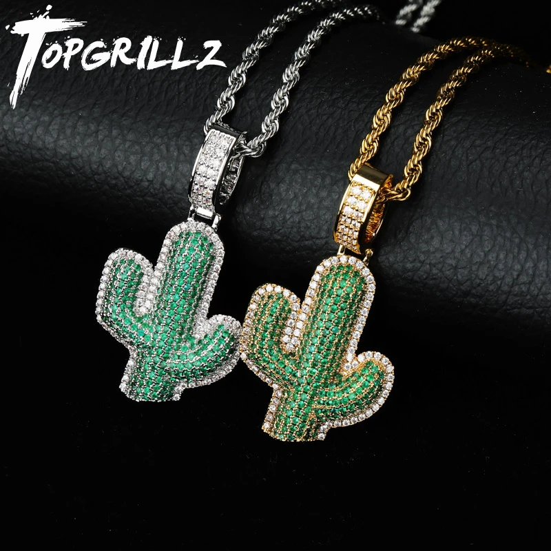 TOPGRILLZ Iced Out Cactus Pendant Necklace Newest AAA Green Cubic Zircon Men's Charms Necklace Fashion Plant Hip Hop Jewelry