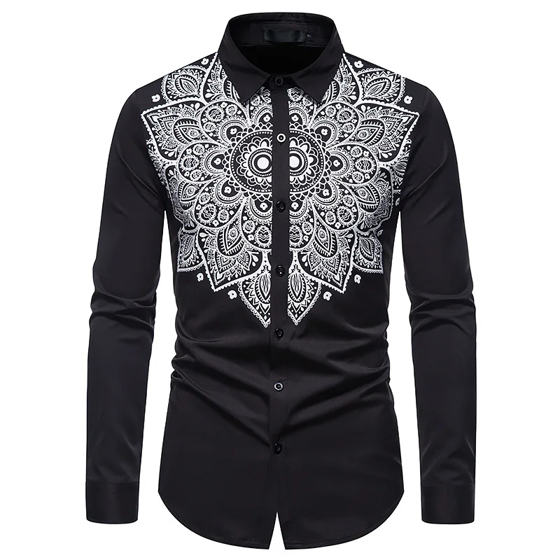 

Black Mandala Floral Print Button Up Shirt Men 2023 Brand Slim Long Sleeve Mens Dress Shirts Business Casual Social Shirt Male