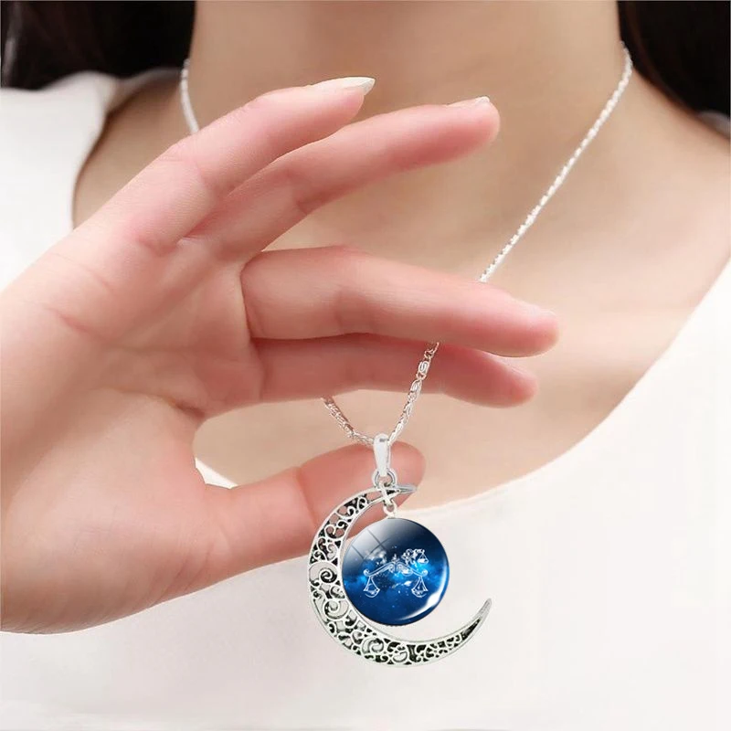 12 Zodiac Signs Necklaces Cabochon Glass Crescent Moon Pendant Constellation Necklace Birthday Gift for Women