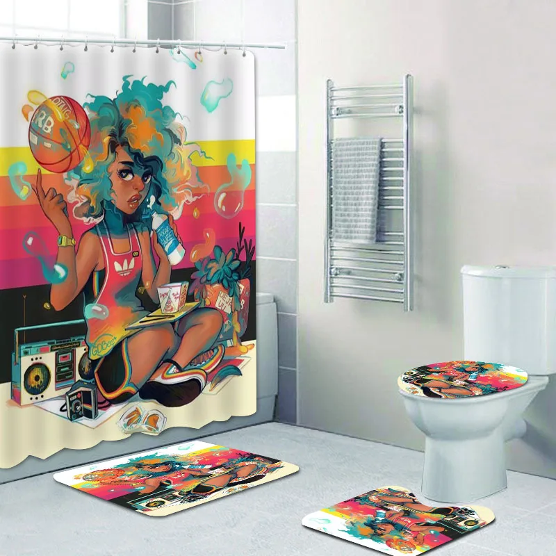 Colorful Black Basketball Girl Shower Curtain Set Sport Music Headset African American Afro Art Bathroom Curtain Bath Rugs Decor