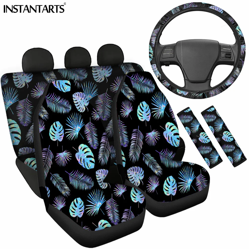 

INSTANTARTS 3D Tropical Palm Leaves Pattern High Quality Car Seat Covers Easy Clean Steering Wheel Cover Car Seat Belt Covers