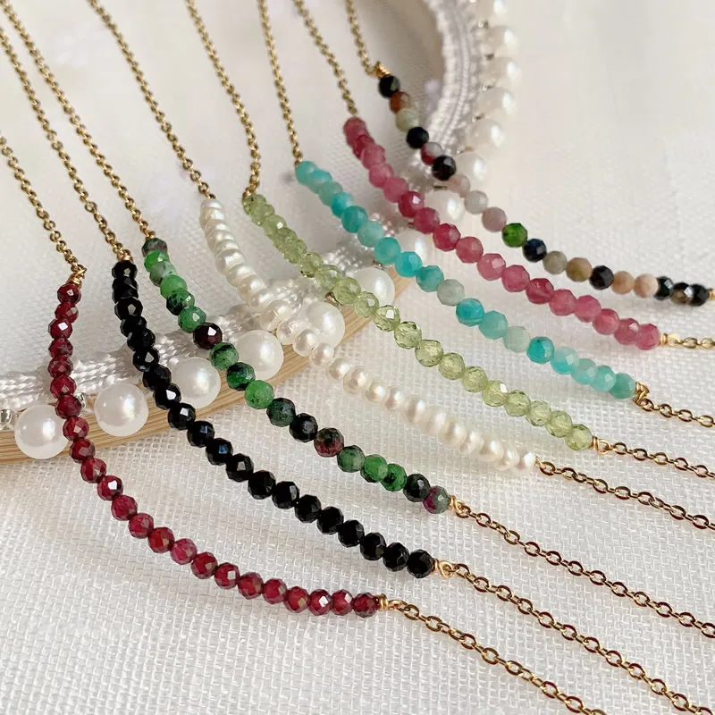 Healing Natural Crystal Stone Necklace for Women Simple Chain Smile Pendant Choker Pearl Charm Pink Tourmalines Crystal Necklace