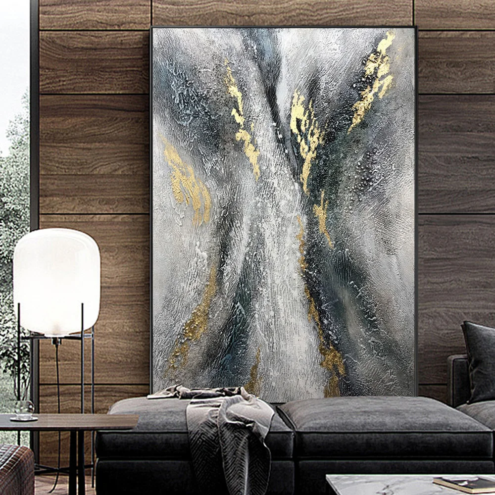 

100% Handmade Modern Abstract Oil Paintings Thick Textured Black Gold Grey Wall Art Pictures Original Poster For Home Decor Room