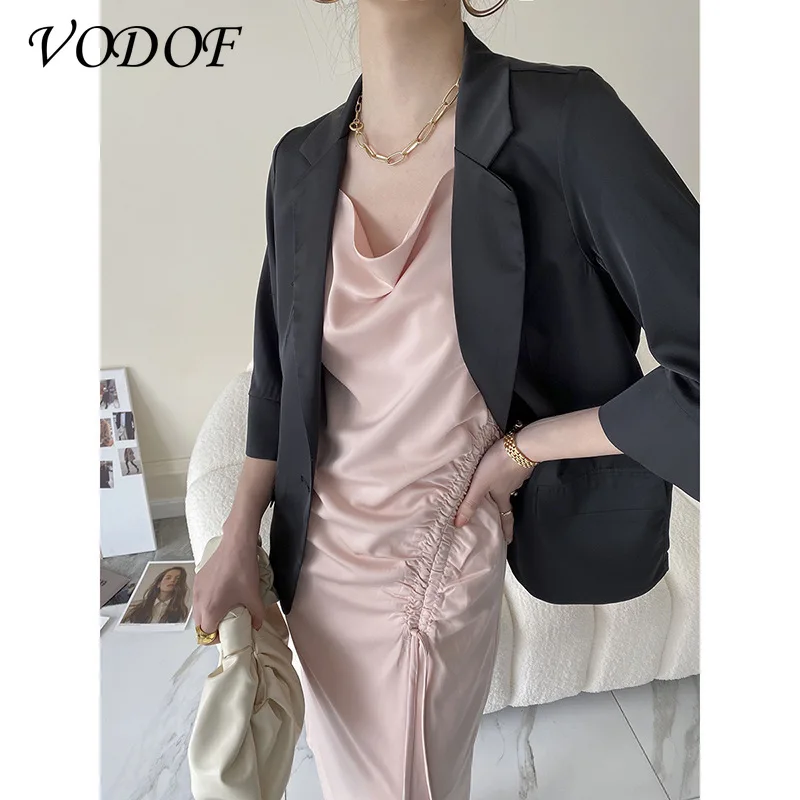 VODOF 2020 Mới Plus Kích Thước Giày Nữ Blazer MÙA THU Công Sở Nữ Túi Áo Blazer Nữ Nguyên Chất Màu Sắc Nữ Áo Khoác