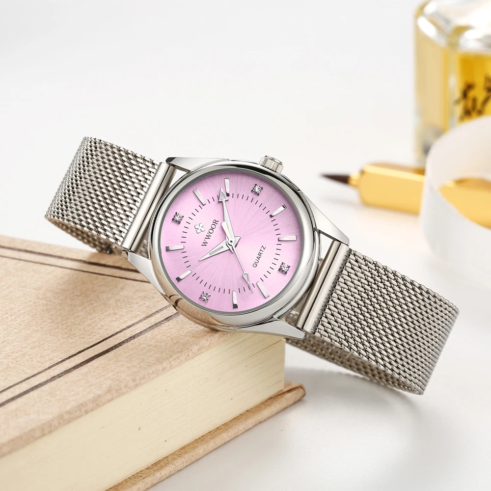 WWOOR New Women\'s Watch Pink Luxury Creative Waterproof Ladies Dress Watches Elegant Fashion Women Stainless Steel Wrist Watches