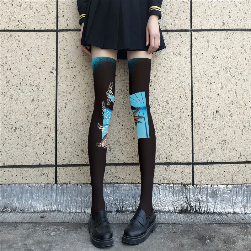 Women's Knee High Thigh Black Stockings Cosplay Two-Dimensional Cartoon Fun Female Student Socks Japanese Sexy Simple Stockings