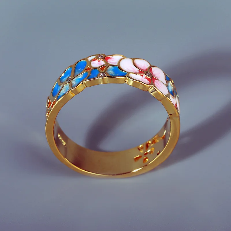 925 Silver Exquisite and Elegant Flower Enamel Drop Silver Female Ring Pink Blue Epoxy Engagement Wedding Jewelry