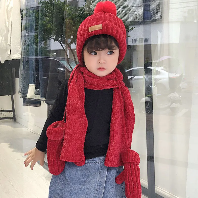 Three-piece Knitted Hats Scarf Gloves Set Children Hat PomPom Autumn Winter Warm Mittens Boy Caps Beanies Fashion Sets Kids Caps