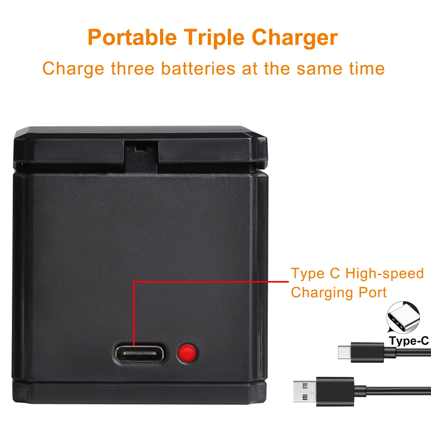 1680mAh AHDBT-501 Go pro Battery+USB Triple charger box with Type C port for GoPro7 Gopro 6 Gopro hero 5 Gopro 8 Action Camera