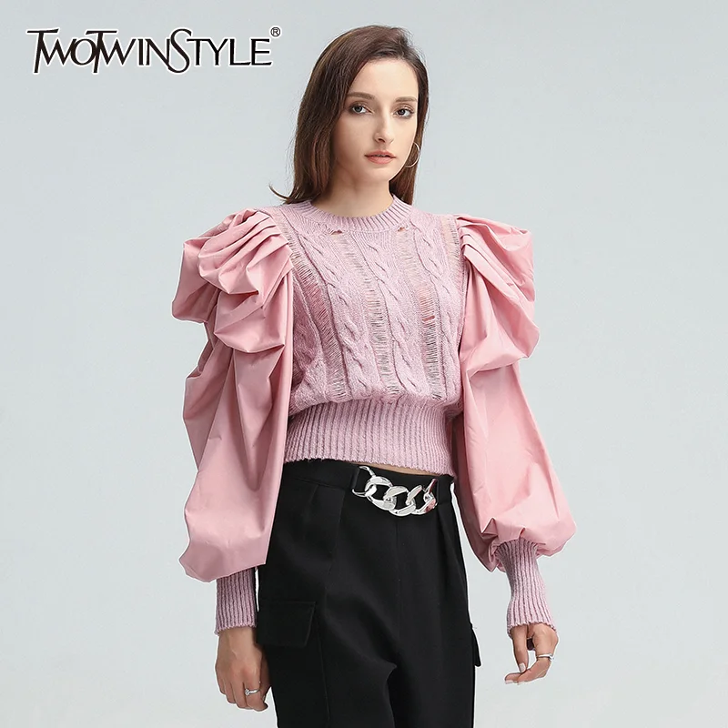 TWOTWINSTYLE Hole Patchwork Sweater For Women O Neck Puff Sleeve Casual Pink Sweaters Female 2022 Spring Fashion New Clothing